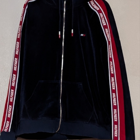 Tommy Hilfiger Velour Navy Blue Hooded Jacket Size XL MSRP Used Exc $69.50 - Picture 2 of 6